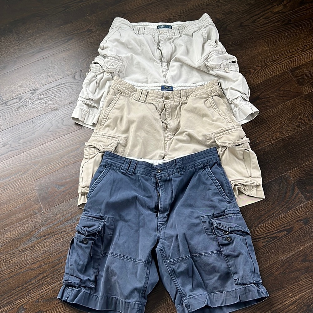 Three pairs polo, Ralph, Lauren, men’s size 36 cargo shorts